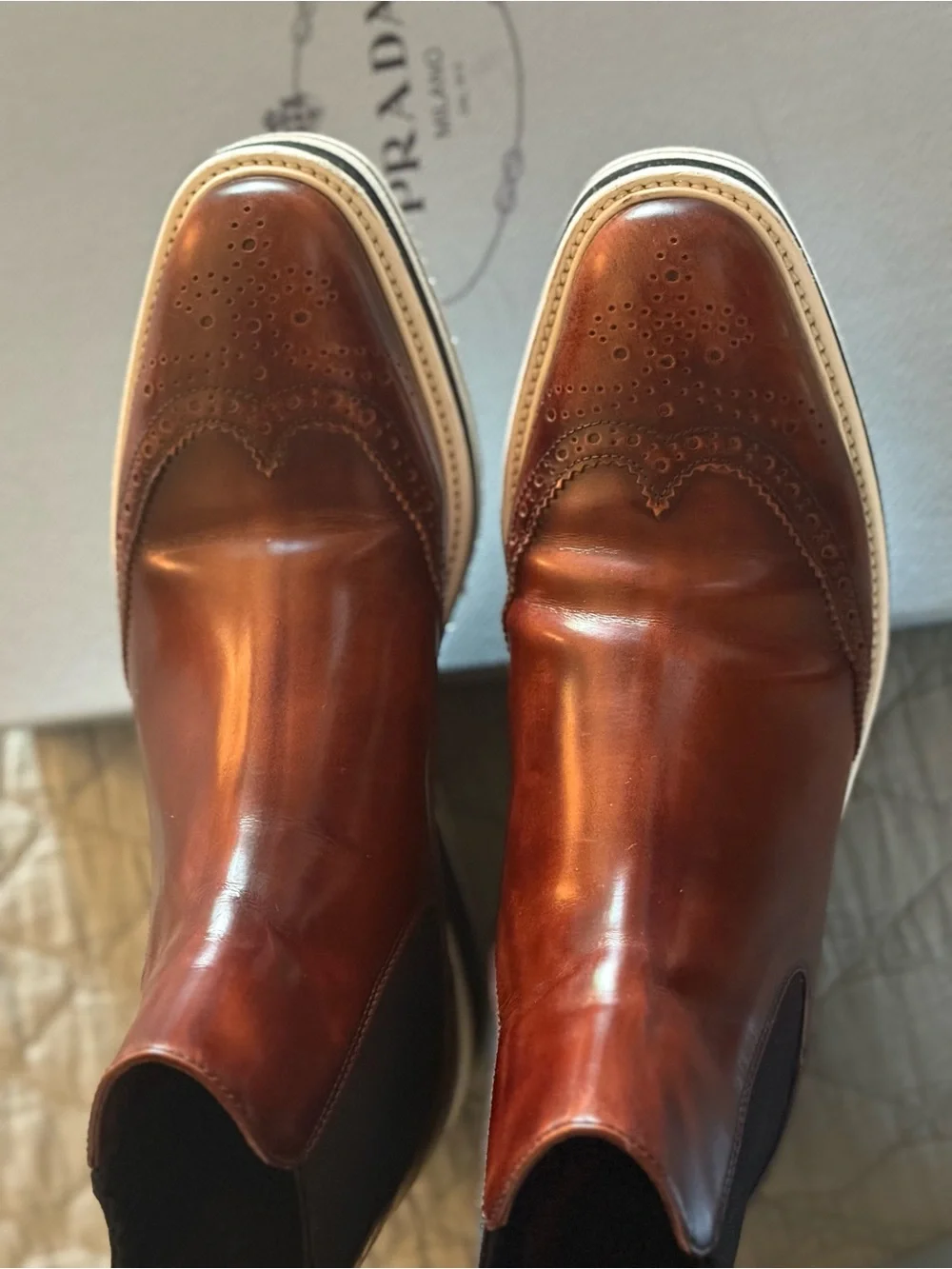 Prada Brown Leather Ankle Booties with Brogue Detailing